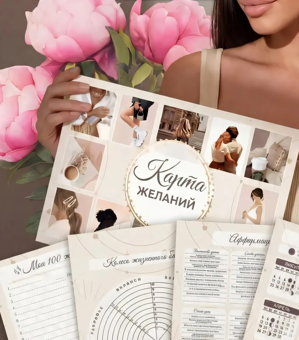 Карта желаний на столе, ножницы и наклейки