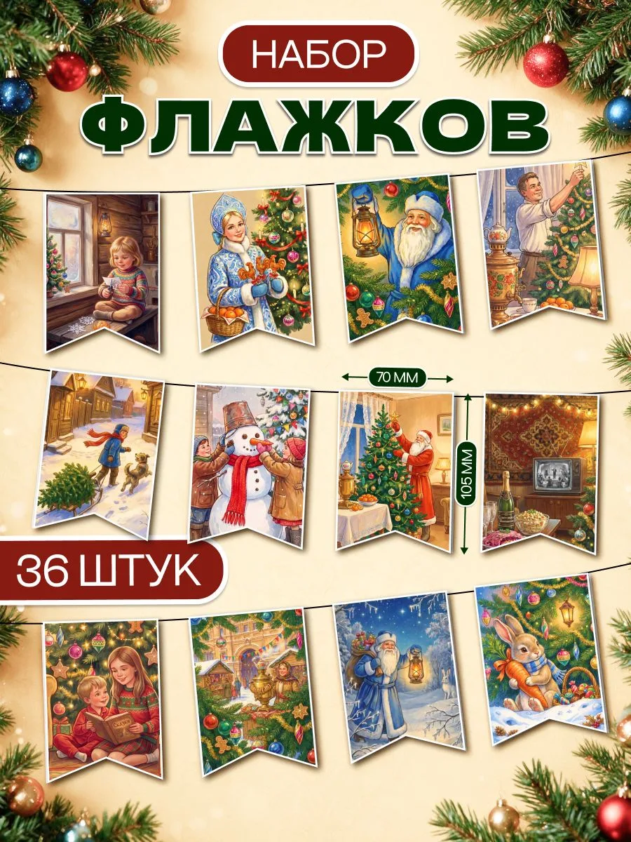 Новогодние флажки на Новый Год 2027, декор на елку, новогоднее украшение 36штук