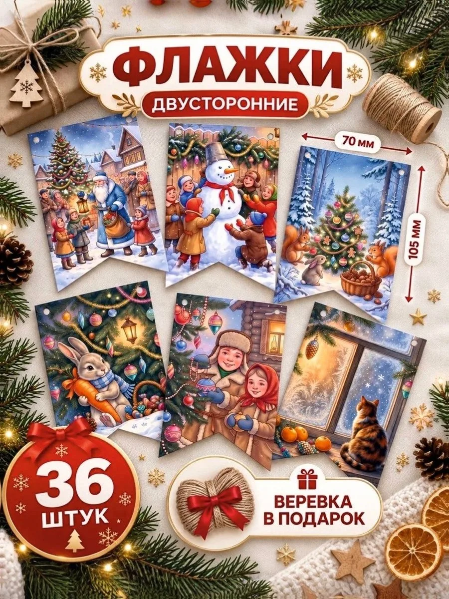 Новогодние флажки на Новый Год 2027, декор на елку, новогоднее украшение 36штук