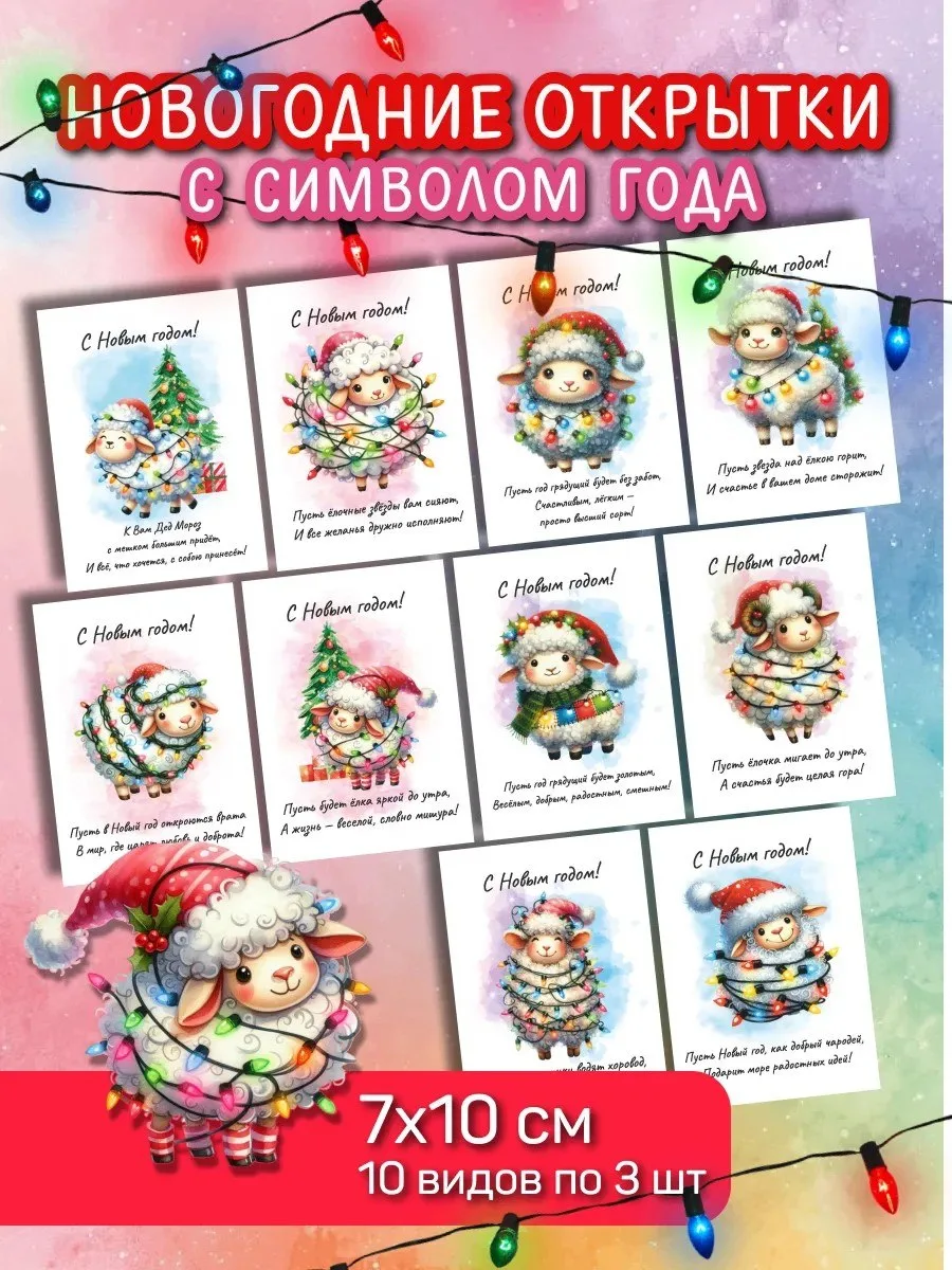 Новогодние открытки «Овечки с гирляндой», 30 шт, 7×10 см