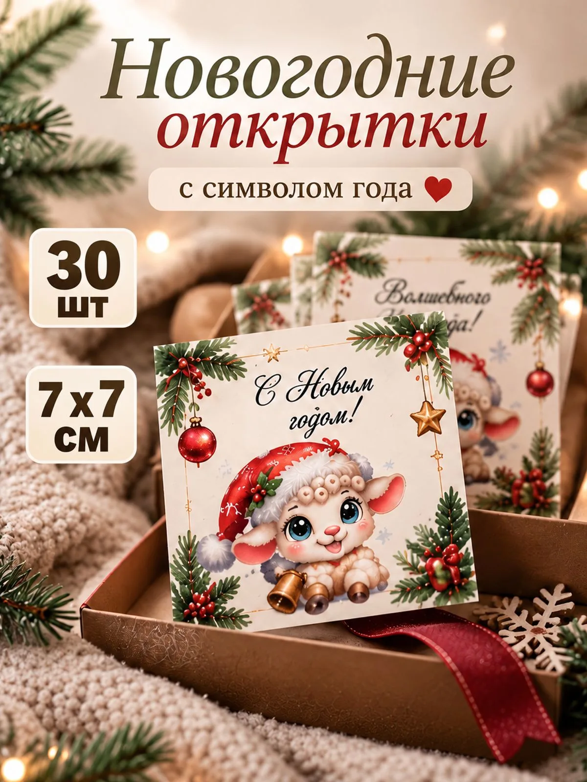 Новогодние открытки «Овечки», 30 шт, 7×7 см