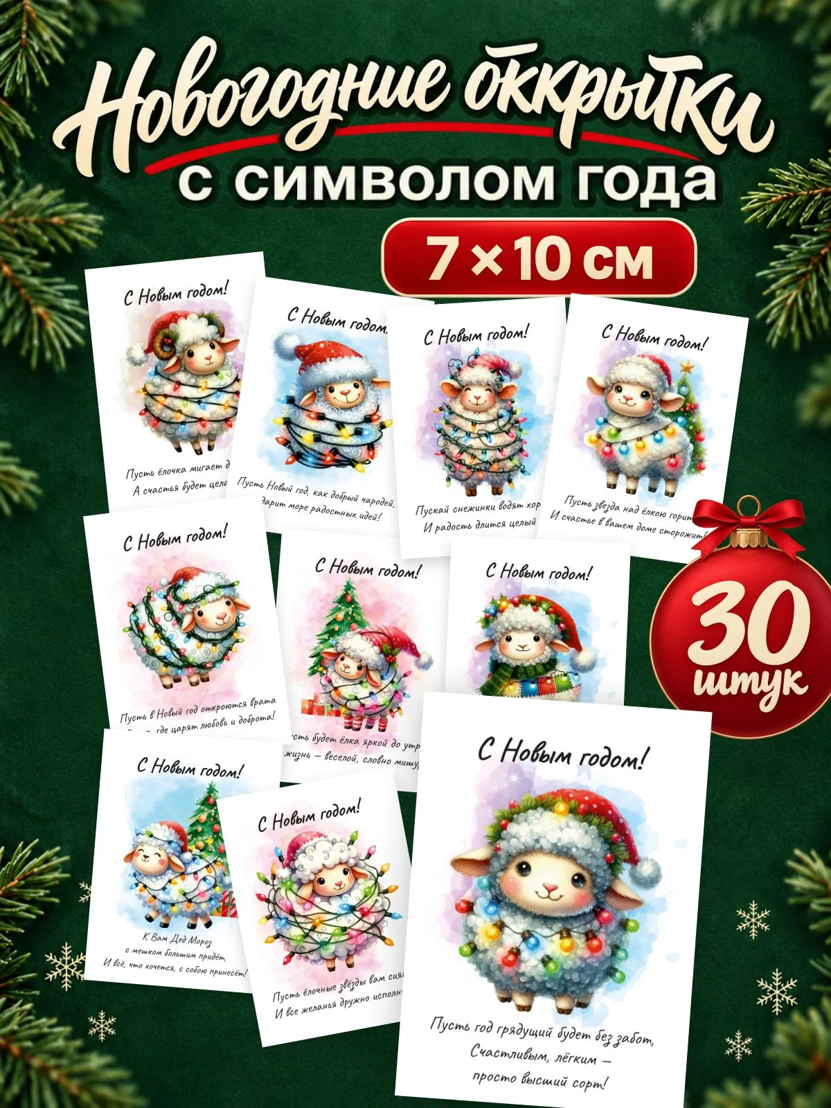 Новогодние открытки «Овечки с гирляндой», 30 шт, 7×10 см