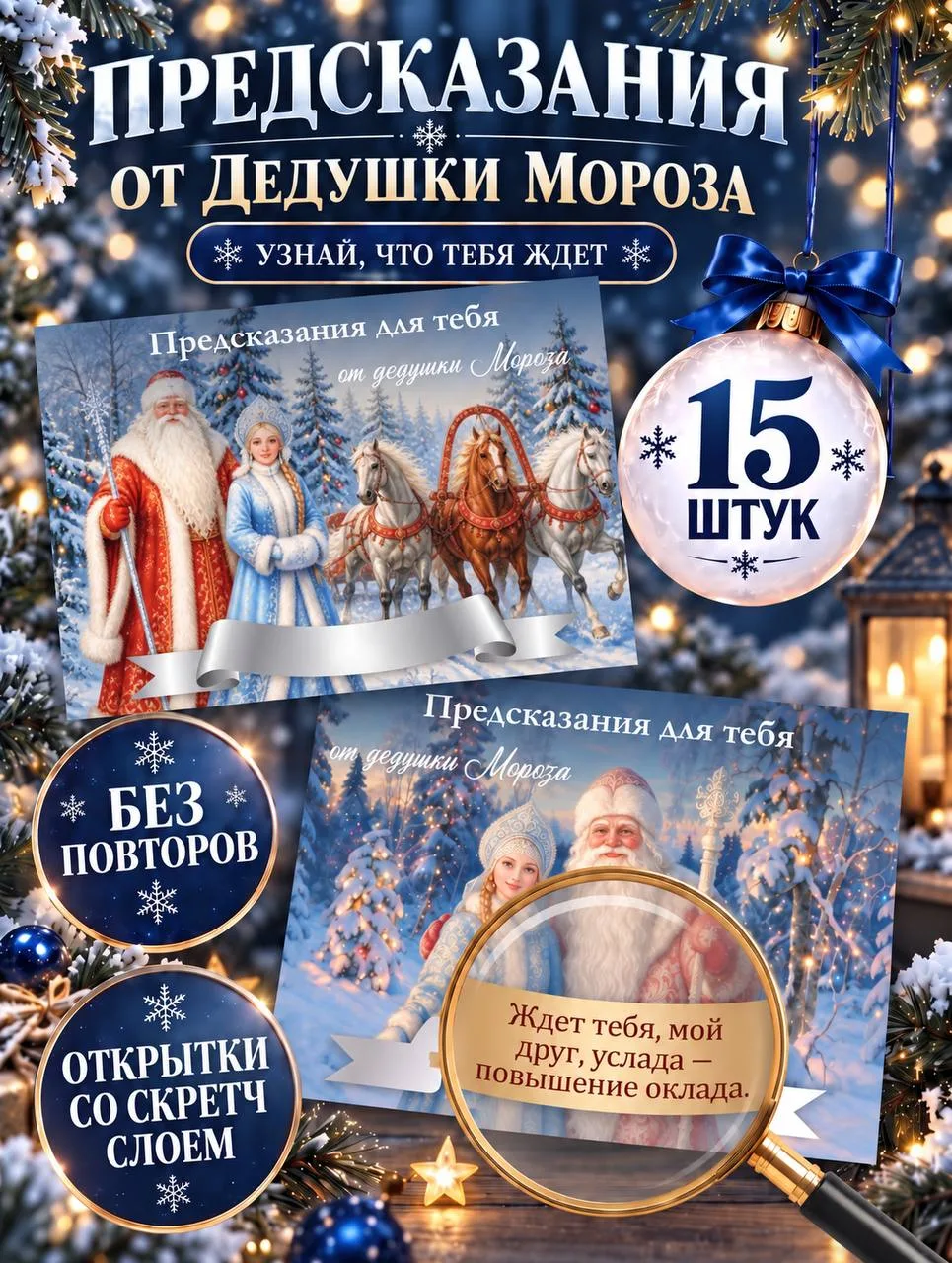 Новогодние открытки-предсказания, скретч, 15 шт, 7×10 см