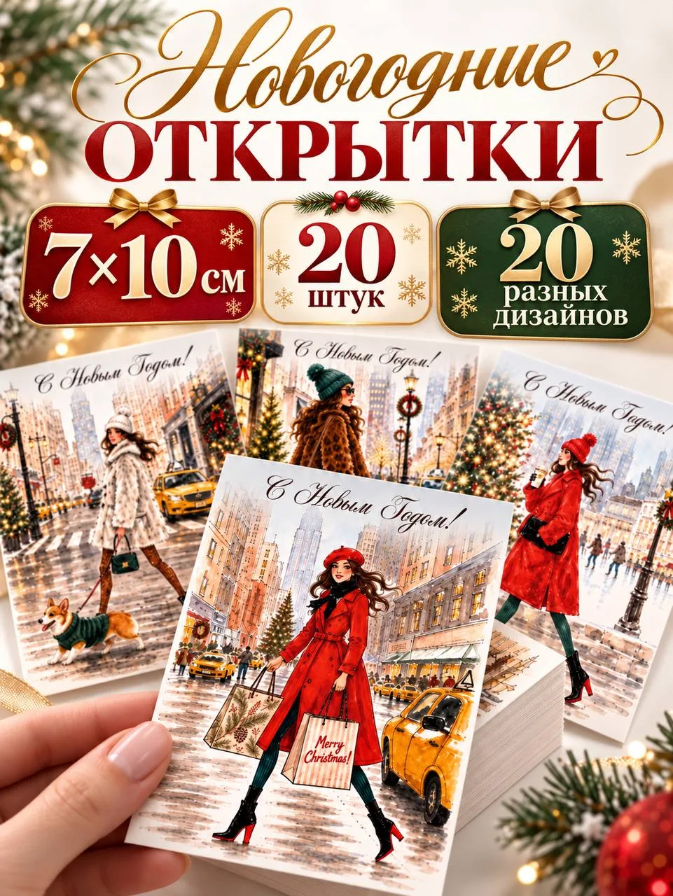 Новогодние открытки «Ретро», 20 шт, 7×10 см