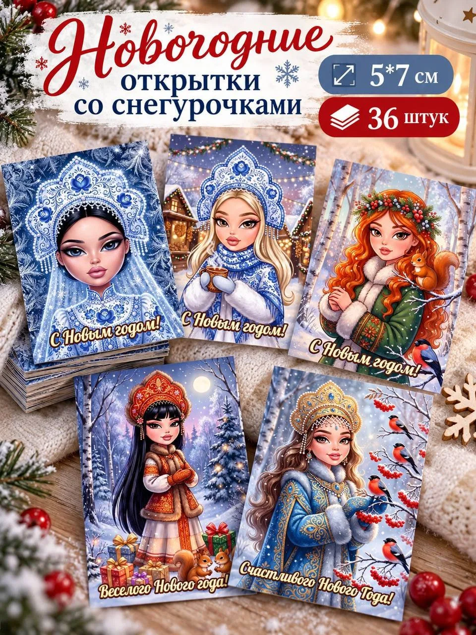 Новогодние открытки «Снегурочки», 36 шт, 5×7 см