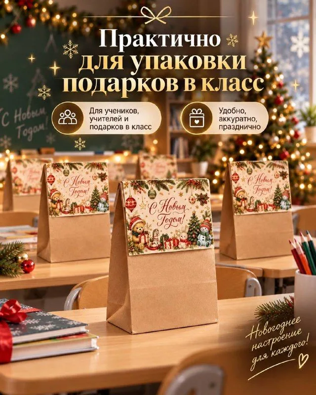 Пакеты подарочные новогодние крафтовые 12 шт. с открытками, упаковка для подарков на Новый год 2027, 24128 см