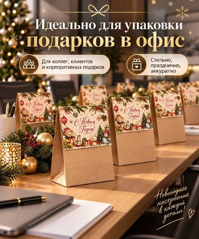 Пакеты подарочные новогодние крафтовые 12 шт. с открытками, упаковка для подарков на Новый год 2027, 24128 см