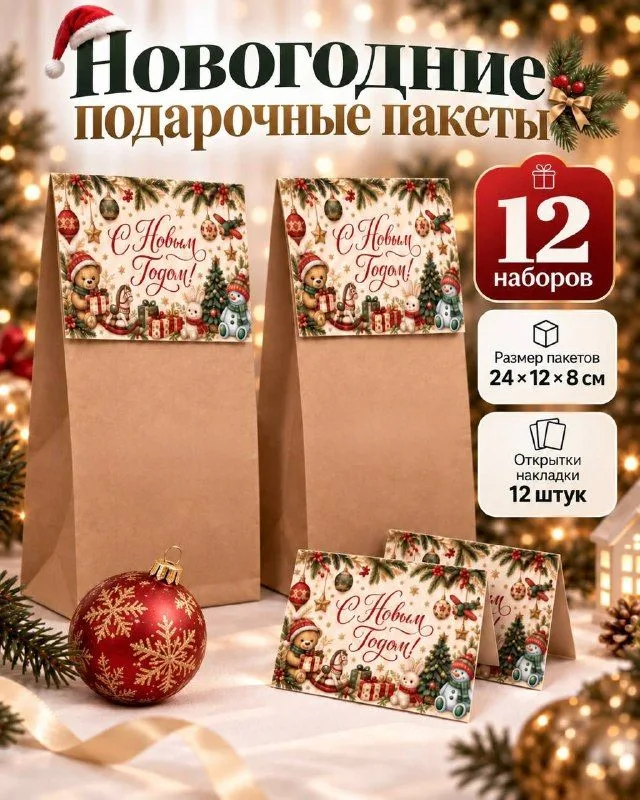 Пакеты подарочные новогодние крафтовые 12 шт. с открытками, упаковка для подарков на Новый год 2027, 24128 см