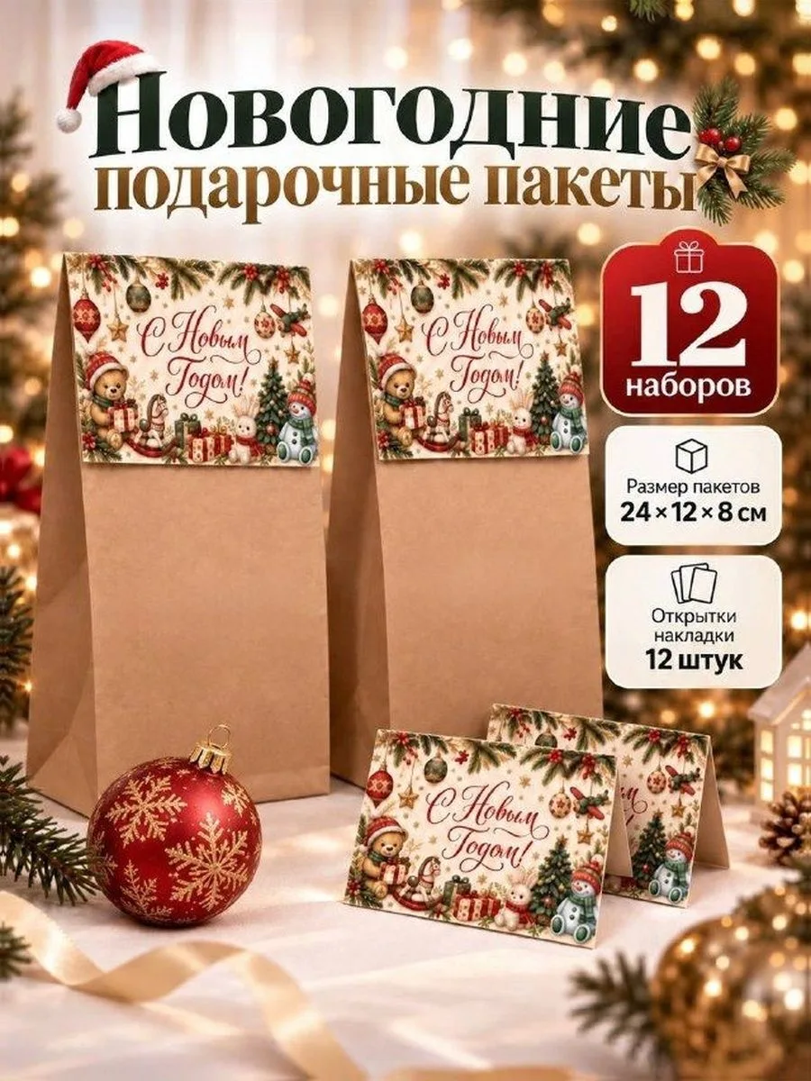 Пакеты подарочные новогодние крафтовые 12 шт. с открытками, упаковка для подарков на Новый год 2027, 24128 см
