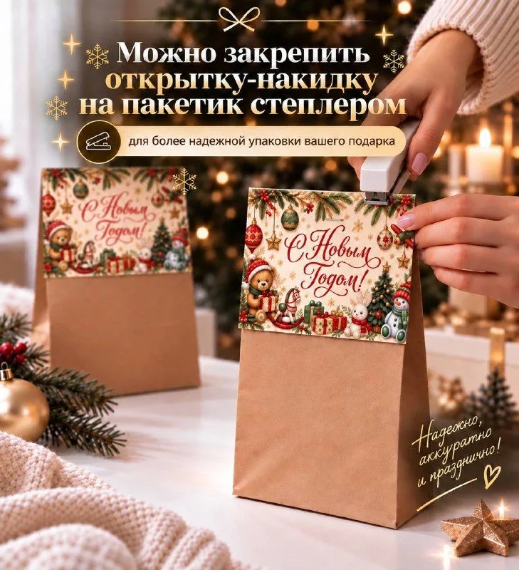 Пакеты подарочные новогодние крафтовые 12 шт. с открытками, упаковка для подарков на Новый год 2027, 24128 см